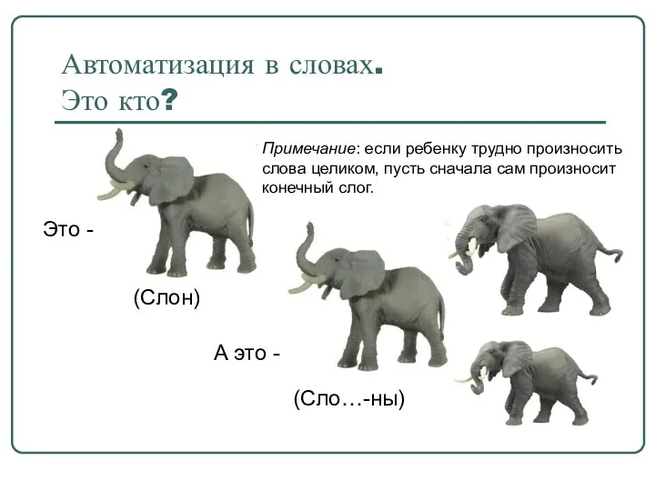 Автоматизация в словах. Это кто? Это - А это - (Слон)