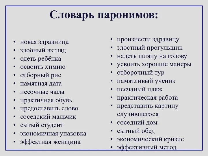 Словарь паронимов: новая здравница злобный взгляд одеть ребёнка освоить химию отборный