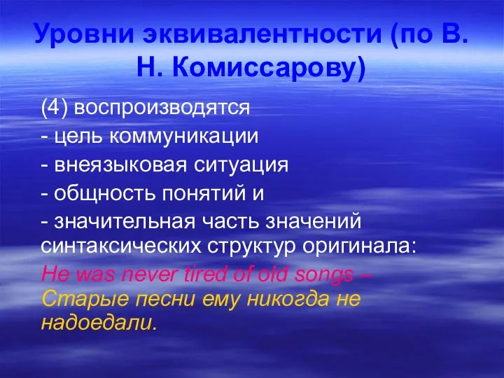 Уровни эквивалентности (по В.Н. Комиссарову) (4) воспроизводятся - цель коммуникации -