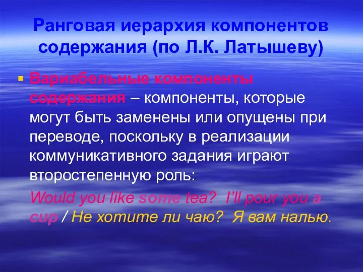 Ранговая иерархия компонентов содержания (по Л.К. Латышеву) Вариабельные компоненты содержания –