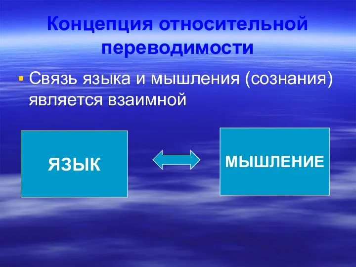 Концепция относительной переводимости Связь языка и мышления (сознания) является взаимной ЯЗЫК МЫШЛЕНИЕ