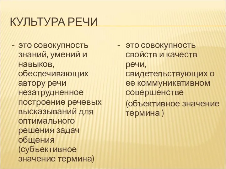 КУЛЬТУРА РЕЧИ - это совокупность знаний, умений и навыков, обеспечивающих автору