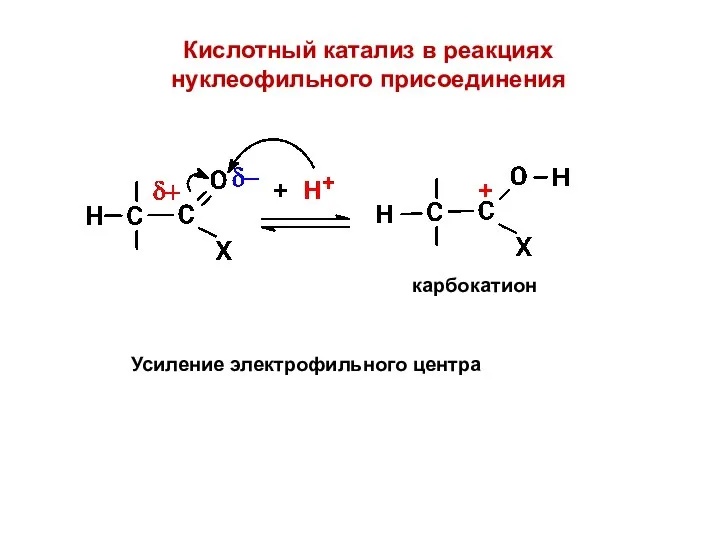 Кислотный катализ в реакциях нуклеофильного присоединения карбокатион Усиление электрофильного центра