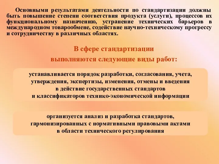 Основными результатами деятельности по стандартизации должны быть повышение степени соответствия продукта