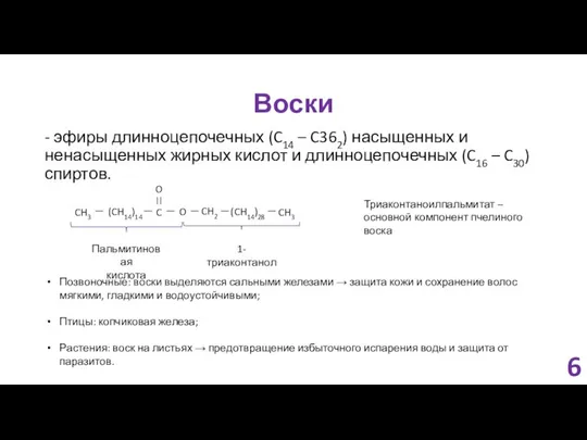 Воски - эфиры длинноцепочечных (C14 – C362) насыщенных и ненасыщенных жирных