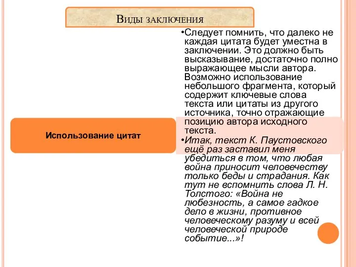 Виды заключения Использование цитат Следует помнить, что далеко не каждая цитата