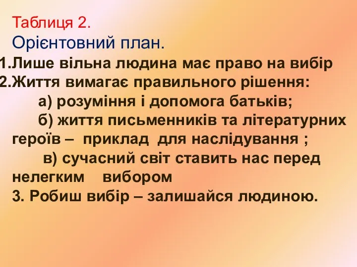 Таблиця 2. Орієнтовний план. Лише вільна людина має право на вибір