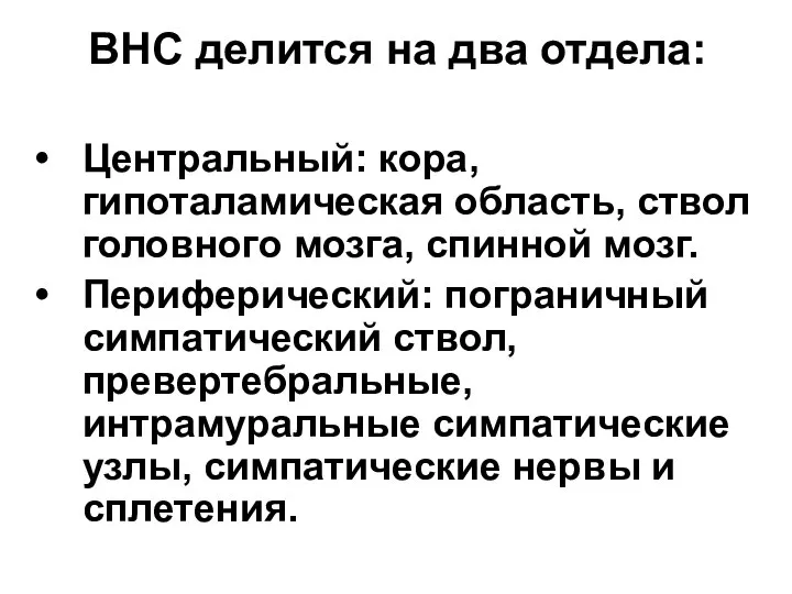 ВНС делится на два отдела: Центральный: кора, гипоталамическая область, ствол головного