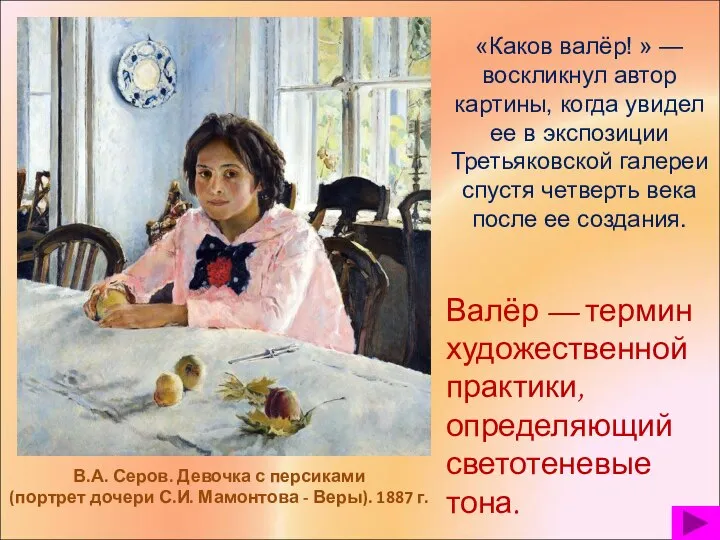 В.А. Серов. Девочка с персиками (портрет дочери С.И. Мамонтова - Веры).