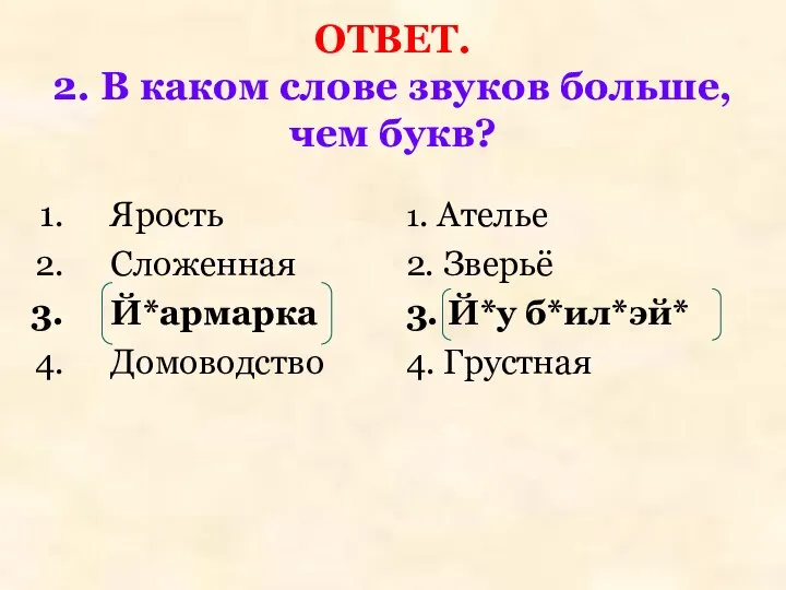 ОТВЕТ. 2. В каком слове звуков больше, чем букв? Ярость Сложенная