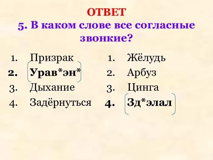 ОТВЕТ 5. В каком слове все согласные звонкие? Призрак Урав*эн* Дыхание Задёрнуться Жёлудь Арбуз Цинга Зд*элал