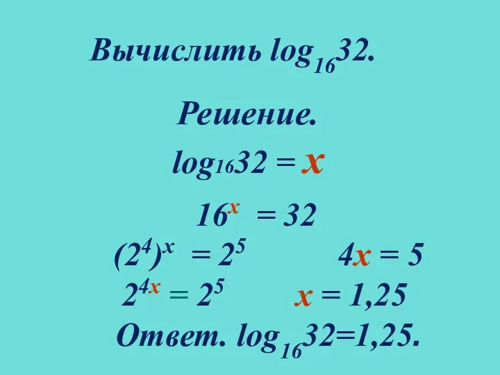 Вычислить log1632. Решение. log1632 = х 16х = 32 (24)х =