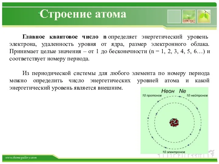 Строение атома Главное квантовое число n определяет энергетический уровень электрона, удаленность