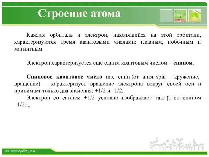 Строение атома Rаждая орбиталь и электрон, находящийся на этой орбитали, характеризуются