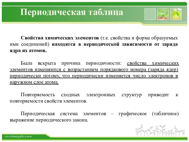 Периодическая таблица Свойства химических элементов (т.е. свойства и форма образуемых ими