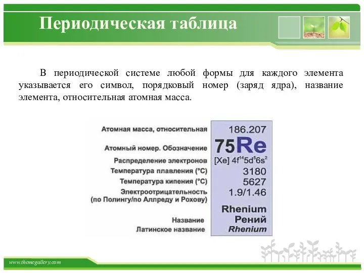 Периодическая таблица В периодической системе любой формы для каждого элемента указывается