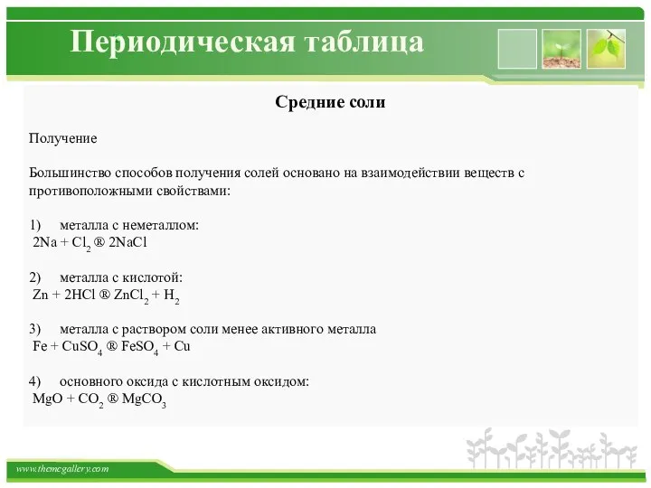 Периодическая таблица Средние соли Получение Большинство способов получения солей основано на