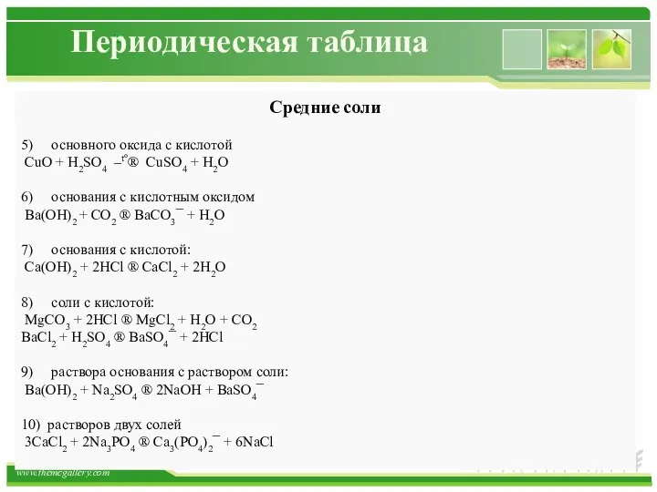 Периодическая таблица Средние соли 5) основного оксида с кислотой CuO +