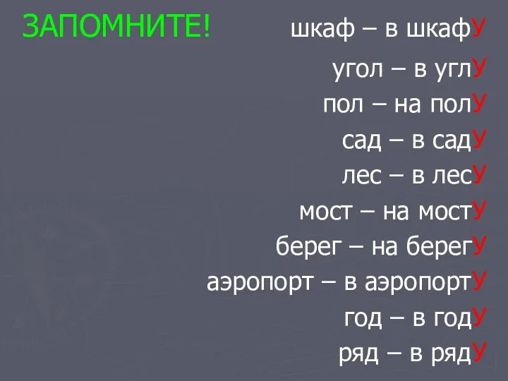 ЗАПОМНИТЕ! шкаф – в шкафУ угол – в углУ пол –