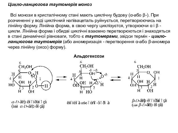 Цикло-ланцюгова таутомерія моноз Всі монози в кристалічному стані мають циклічну будову