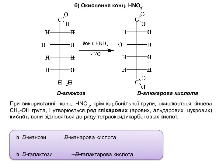 б) Окислення конц. HNO3. D-глюкоза D-глюкарова кислота При використанні конц. HNO3,