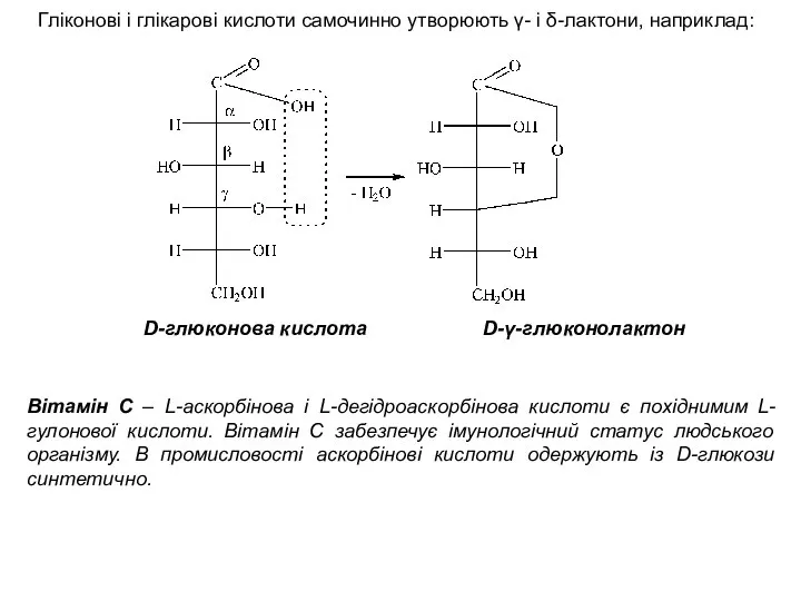 Гліконові і глікарові кислоти самочинно утворюють γ- і δ-лактони, наприклад: D-глюконова