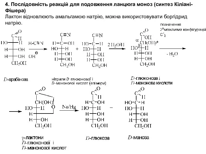 4. Послідовність реакцій для подовження ланцюга моноз (синтез Кіліані-Фішера) Лактон відновлюють