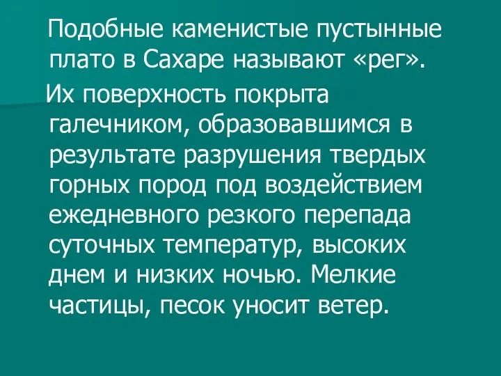 Подобные каменистые пустынные плато в Сахаре называют «рег». Их поверхность покрыта