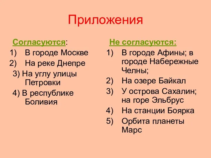 Приложения Согласуются: В городе Москве На реке Днепре 3) На углу