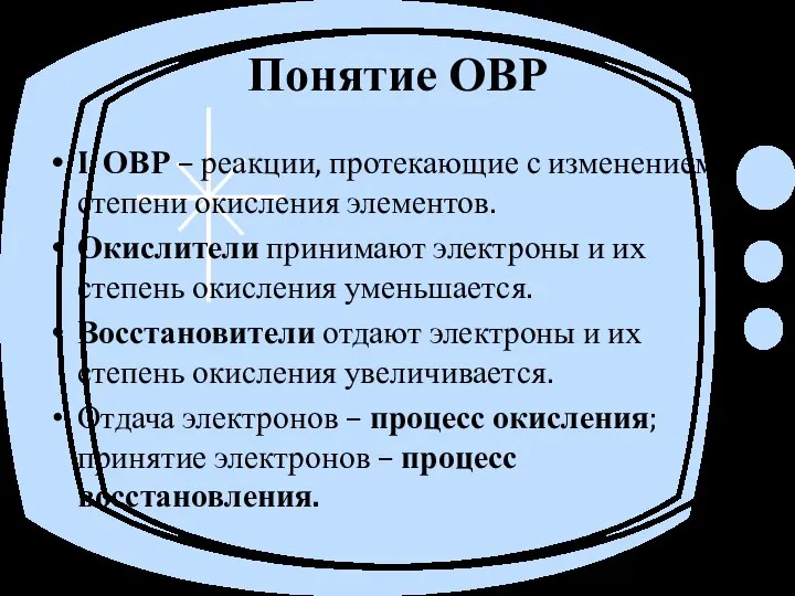 Понятие ОВР I. ОВР – реакции, протекающие с изменением степени окисления