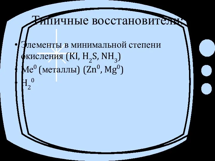 Типичные восстановители: Элементы в минимальной степени окисления (KI, H2S, NH3) Ме0 (металлы) (Zn0, Mg0) H20