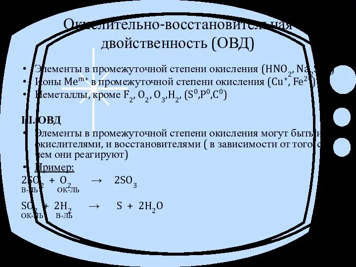 Окислительно-восстановительная двойственность (ОВД) Элементы в промежуточной степени окисления (HNO2, Na2SO3) Ионы