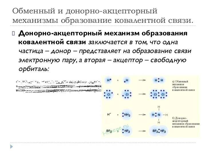 Обменный и донорно-акцепторный механизмы образование ковалентной связи. Донорно-акцепторный механизм образования ковалентной