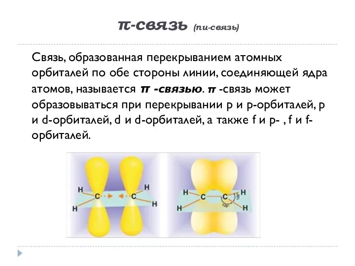 π-связь (пи-связь) Связь, образованная перекрыванием атомных орбиталей по обе стороны линии,