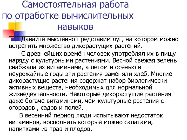 Самостоятельная работа по отработке вычислительных навыков Давайте мысленно представим луг, на