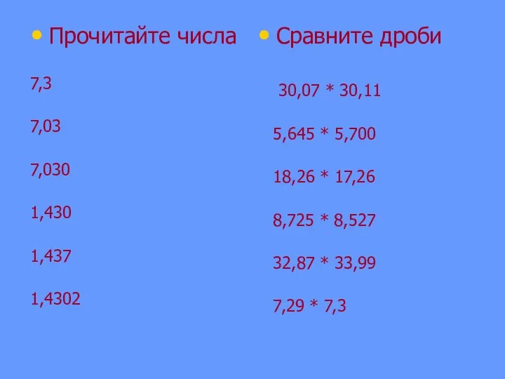 Прочитайте числа 7,3 7,03 7,030 1,430 1,437 1,4302 Сравните дроби 30,07