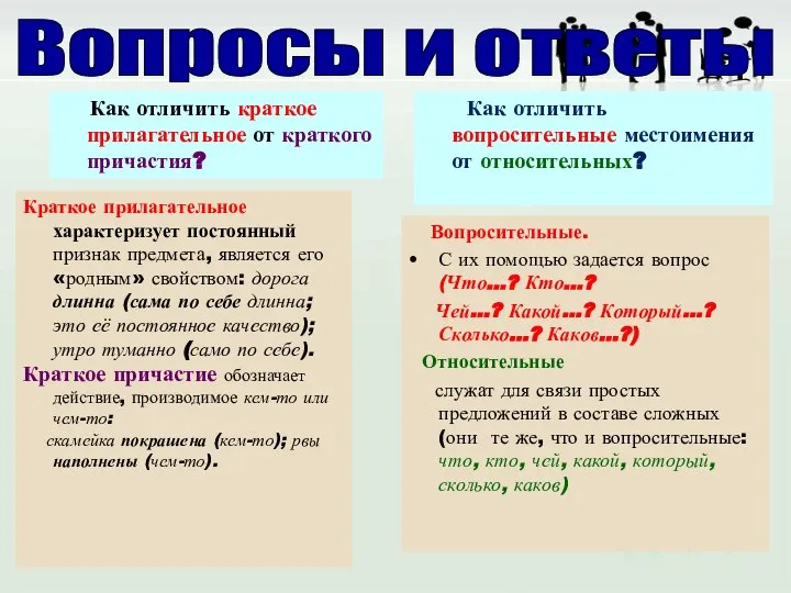 Как отличить краткое прилагательное от краткого причастия? Как отличить вопросительные местоимения