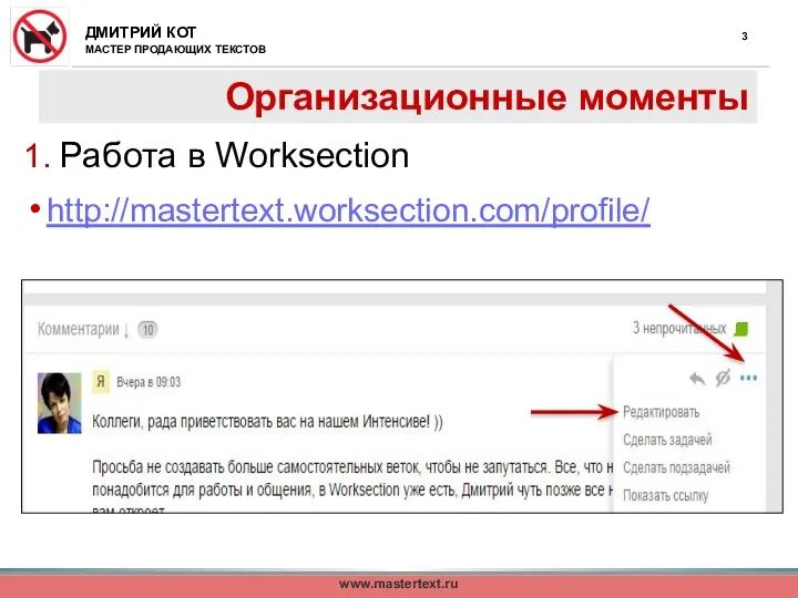 Организационные моменты 1. Работа в Worksection http://mastertext.worksection.com/profile/ www.mastertext.ru