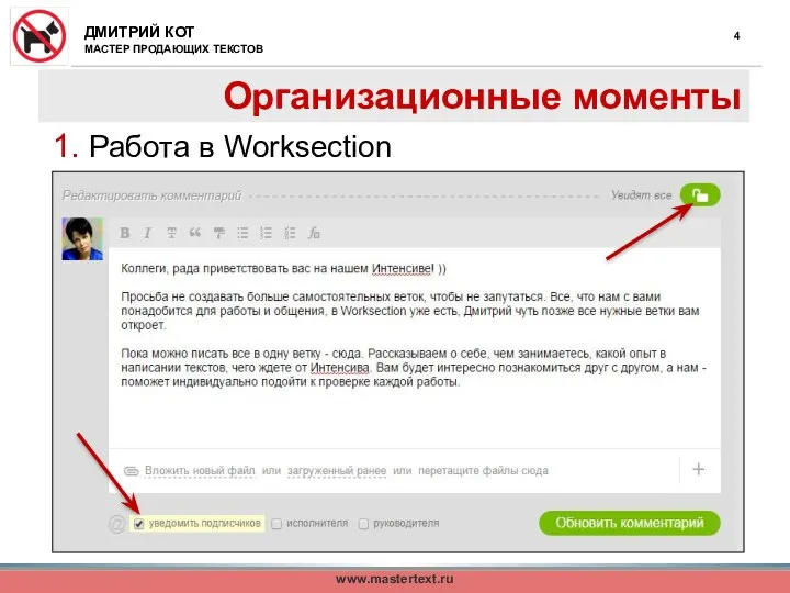 Организационные моменты 1. Работа в Worksection www.mastertext.ru