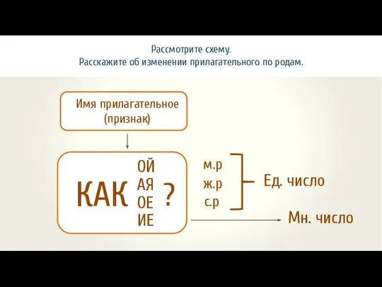 Рассмотрите схему. Расскажите об изменении прилагательного по родам. КАК ОЙ АЯ