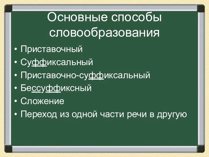 Основные способы словообразования Приставочный Суффиксальный Приставочно-суффиксальный Бессуффиксный Сложение Переход из одной части речи в другую