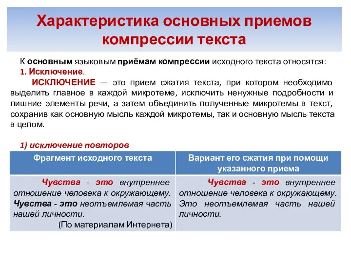 Характеристика основных приемов компрессии текста К основным языковым приёмам компрессии исходного