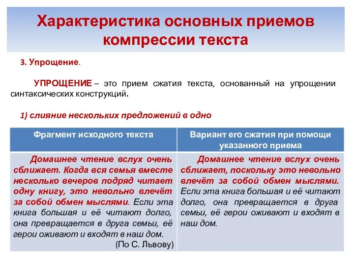 Характеристика основных приемов компрессии текста 3. Упрощение. УПРОЩЕНИЕ – это прием