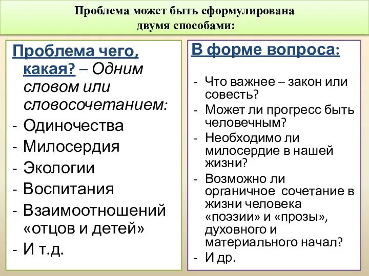 Проблема может быть сформулирована двумя способами: Проблема чего, какая? – Одним