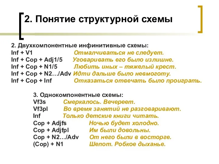 2. Понятие структурной схемы 2. Двухкомпонентные инфинитивные схемы: Inf + V1