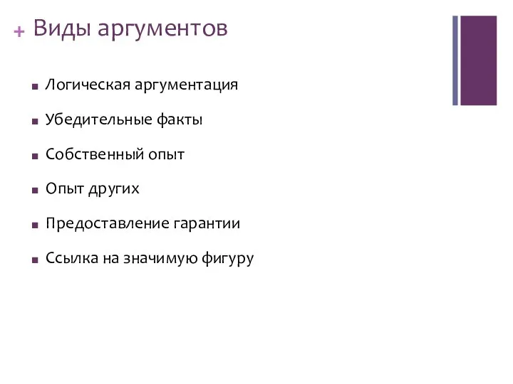 Виды аргументов Логическая аргументация Убедительные факты Собственный опыт Опыт других Предоставление гарантии Ссылка на значимую фигуру