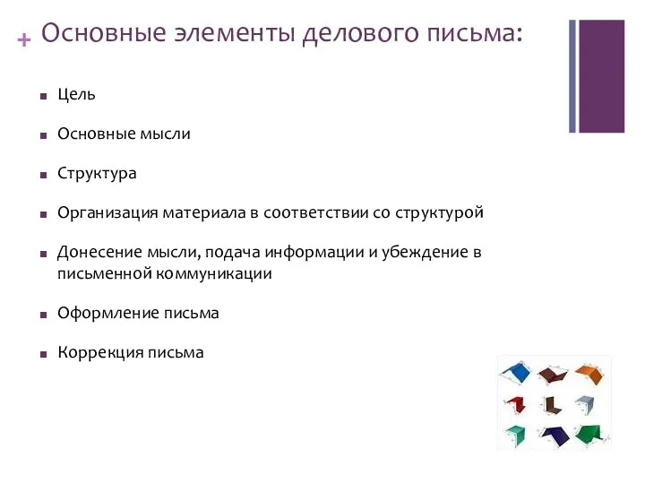 Основные элементы делового письма: Цель Основные мысли Структура Организация материала в