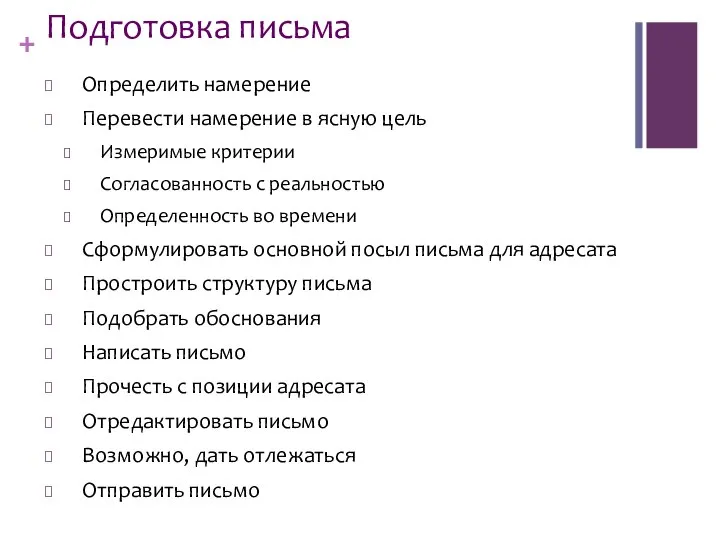 Подготовка письма Определить намерение Перевести намерение в ясную цель Измеримые критерии