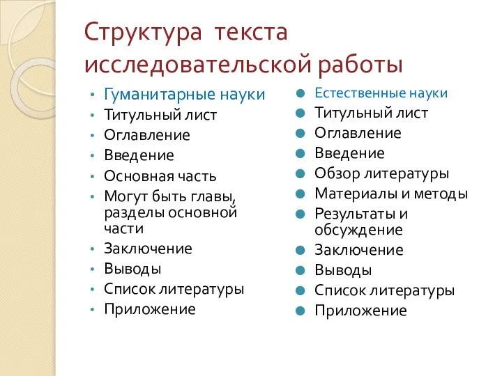 Структура текста исследовательской работы Гуманитарные науки Титульный лист Оглавление Введение Основная