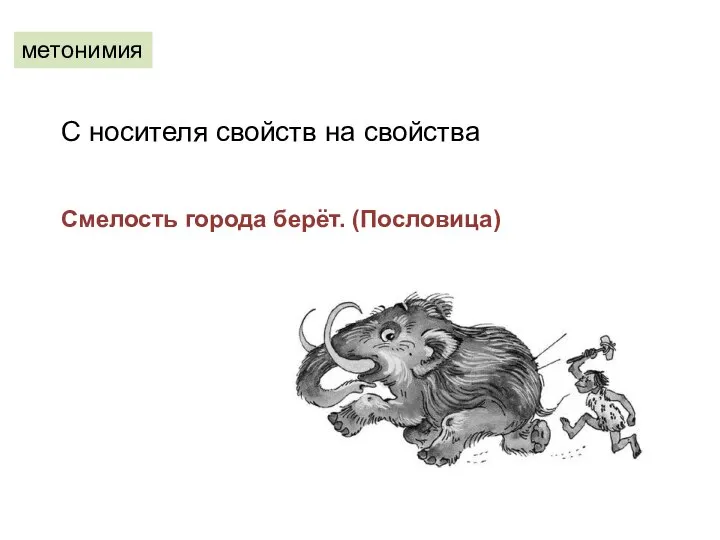 метонимия С носителя свойств на свойства Смелость города берёт. (Пословица)